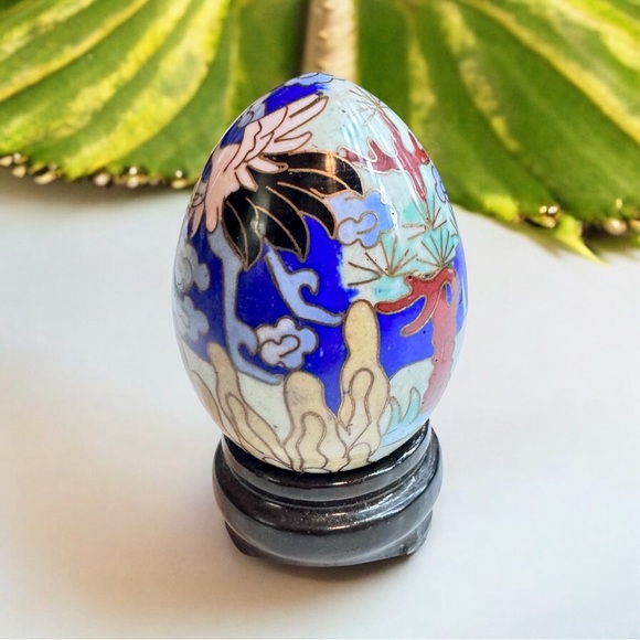 Chinese Cloisonné Enamel Egg & Wooden Stand - Picture 5 of 11